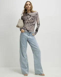 Beige Long Sleeve Boat Neck Spot Print Top