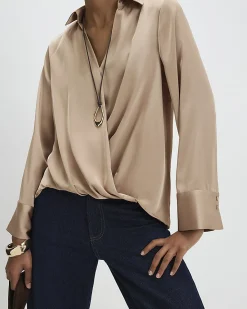 Beige Long Sleeve Wrap Blouse