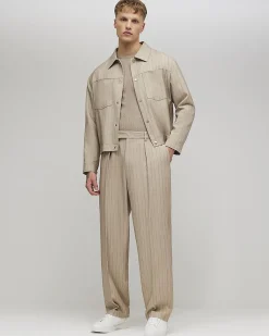 Beige Loose Fit Pinstripe Trousers
