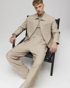Beige Loose Fit Pinstripe Trousers
