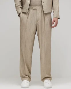 Beige Loose Fit Pinstripe Trousers