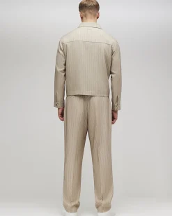 Beige Loose Fit Pinstripe Trousers
