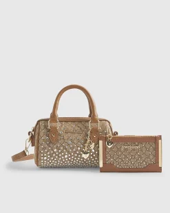 Beige Mini Diamante Bowler Bag And Purse