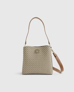 Beige Monogram Print Bucket Bag