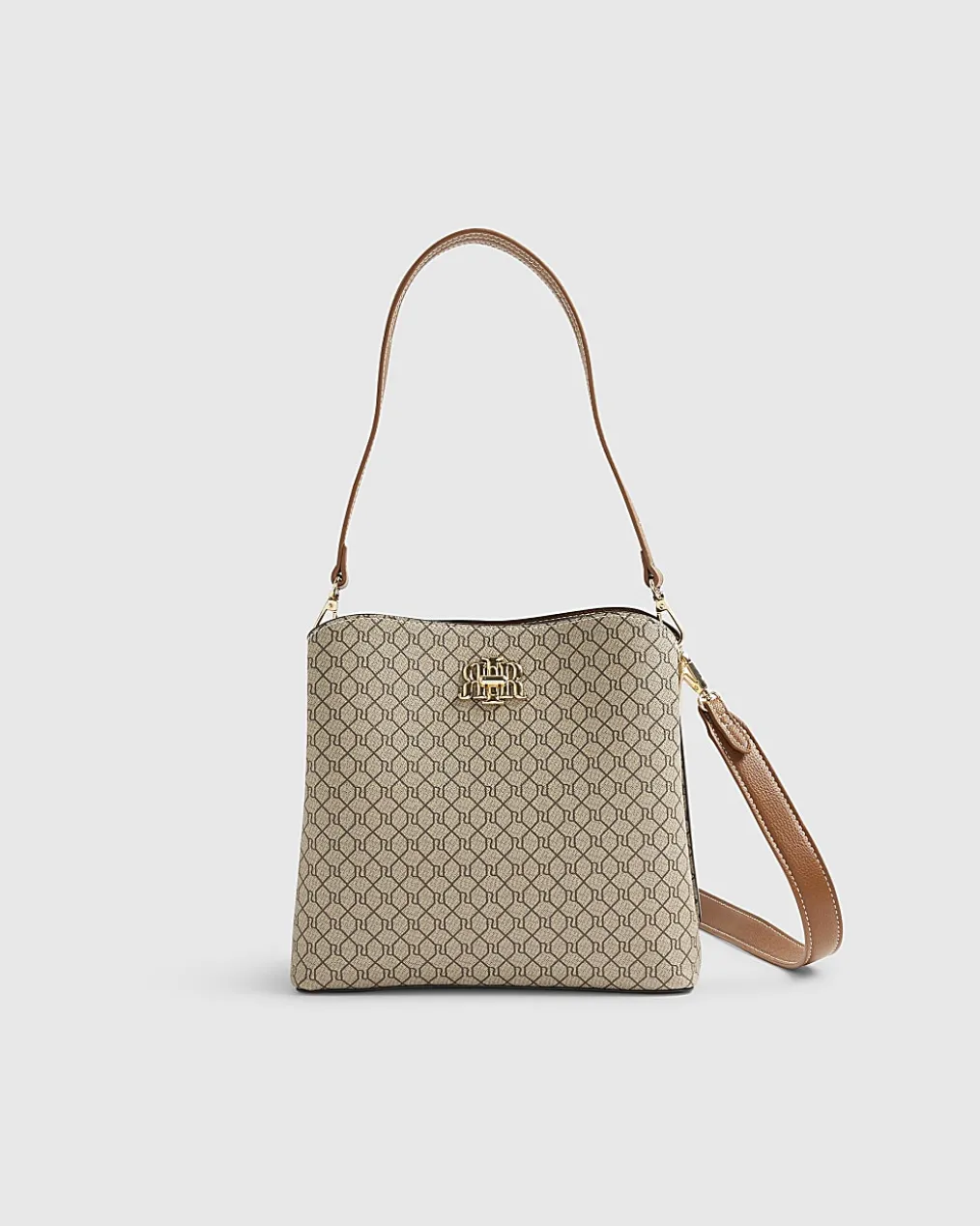 Beige Monogram Print Bucket Bag