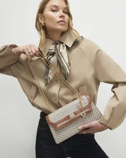 Beige Monogram Print Charm Shoulder Bag