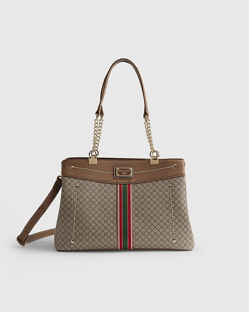 Beige Monogram Webbing Front Chain Tote Bag