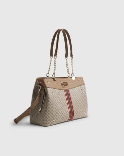 Beige Monogram Webbing Front Chain Tote Bag