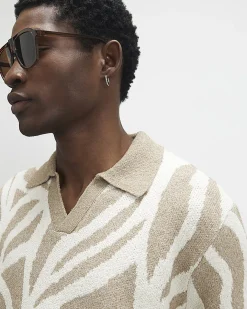 Beige Open Collar Botanic Knit Top