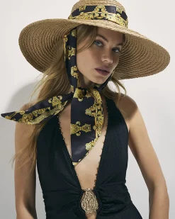 Beige Oversized 2 in 1 Scarf Detail Straw Hat