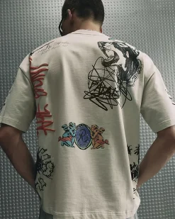 Beige Oversized Cotton Graffiti Print T-Shirt