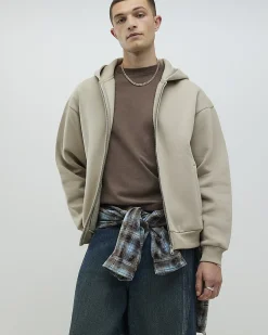 Beige Oversized Fit Zip Through Hoodie