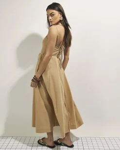 Beige Piped Rope Belted Midi Dress