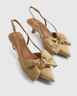 Beige Raffia Bow Slingback Court Heels