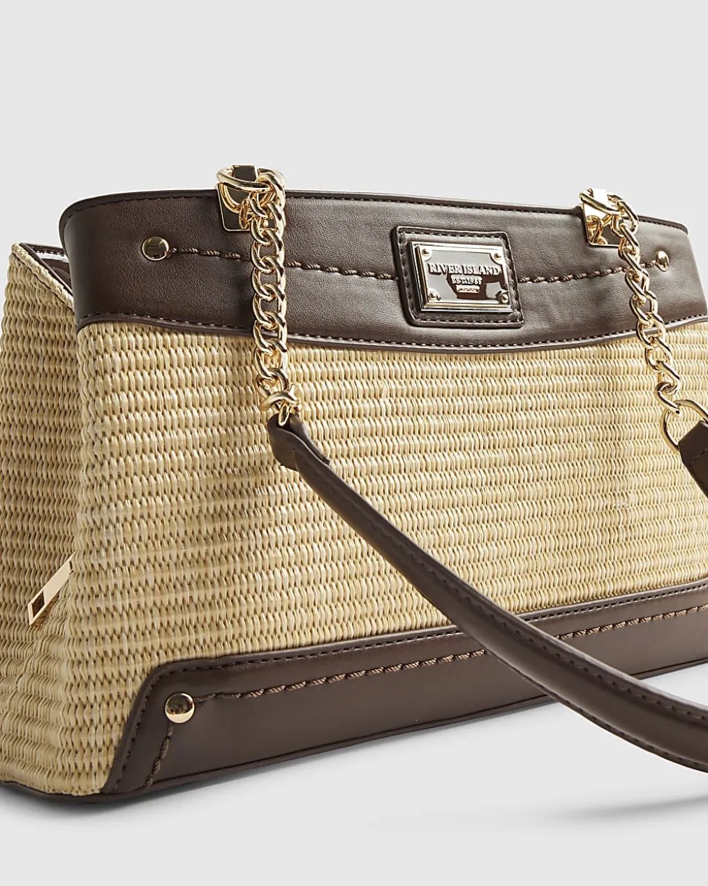 Beige Raffia Chain Handle Shoulder Bag