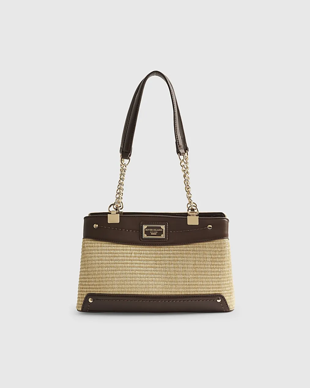 Beige Raffia Chain Handle Shoulder Bag