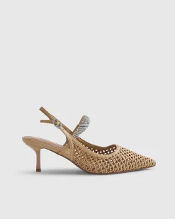 Beige Raffia Diamante Slingback Heels