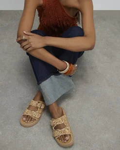 Beige Raffia Double Buckle Footbed Sandals