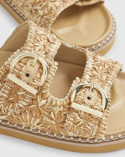 Beige Raffia Double Buckle Footbed Sandals