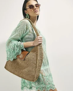 Beige Raffia Flap Front Shoulder Bag