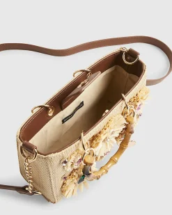 Beige Raffia Gem Flower Tote Bag