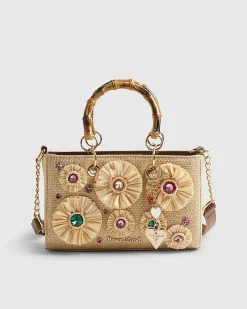 Beige Raffia Gem Flower Tote Bag