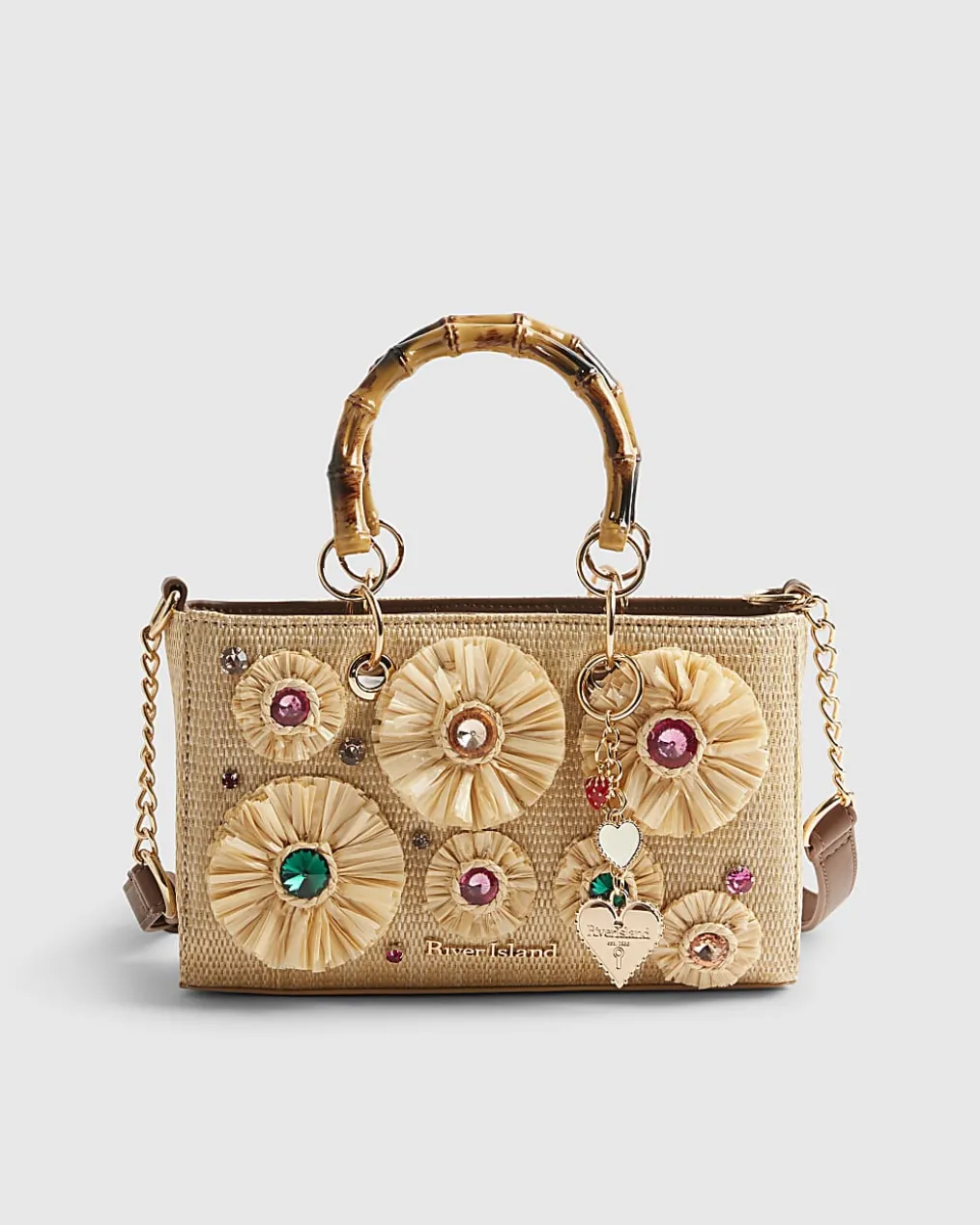 Beige Raffia Gem Flower Tote Bag