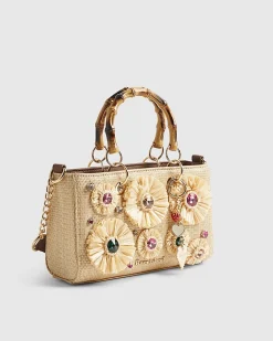 Beige Raffia Gem Flower Tote Bag