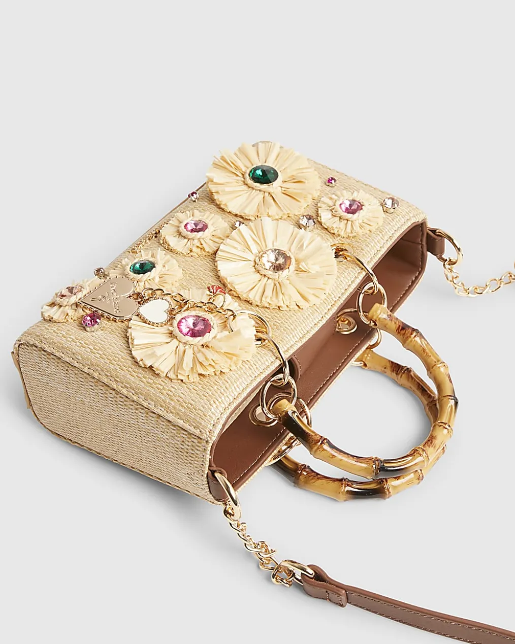 Beige Raffia Gem Flower Tote Bag