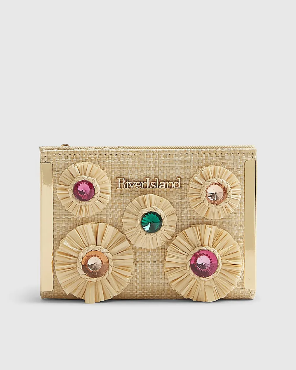 Beige Raffia Gemstone Foldout Purse