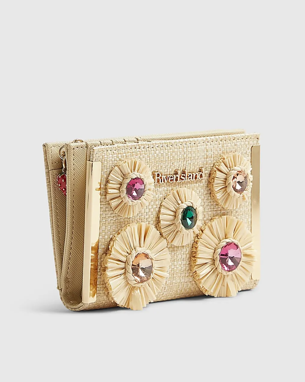 Beige Raffia Gemstone Foldout Purse