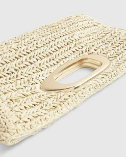 Beige Raffia Metal Handle Clutch Bag