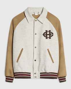 Beige Raffia Textured Varsity Jacket