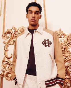 Beige Raffia Textured Varsity Jacket