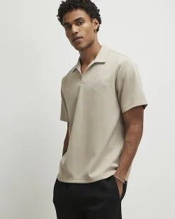 Beige Regular Fit Open Neck Polo Shirt