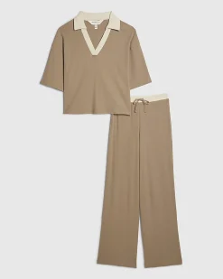 Beige Ribbed Polo Loungewear Set