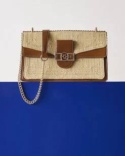 Beige RR Paneled Raffia Shoulder Bag