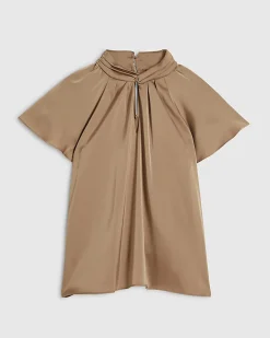 Beige Satin Angel Sleeve Twist Front Top
