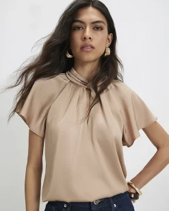 Beige Satin Angel Sleeve Twist Front Top