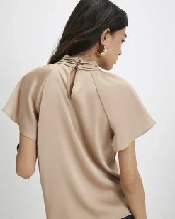 Beige Satin Angel Sleeve Twist Front Top