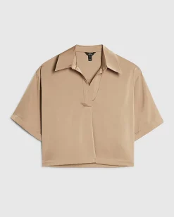 Beige Satin Polo Top