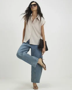 Beige Satin Short Sleeve Shirt