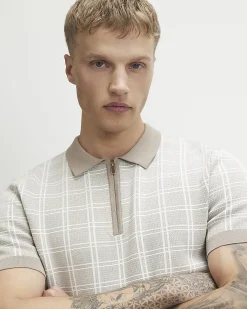Beige Short Sleeve Checked Knit Polo Shirt