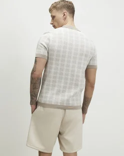 Beige Short Sleeve Checked Knit Polo Shirt