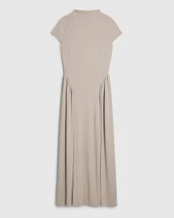 Beige Short Sleeve Fitted Waist Maxi Dress