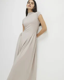 Beige Short Sleeve Fitted Waist Maxi Dress