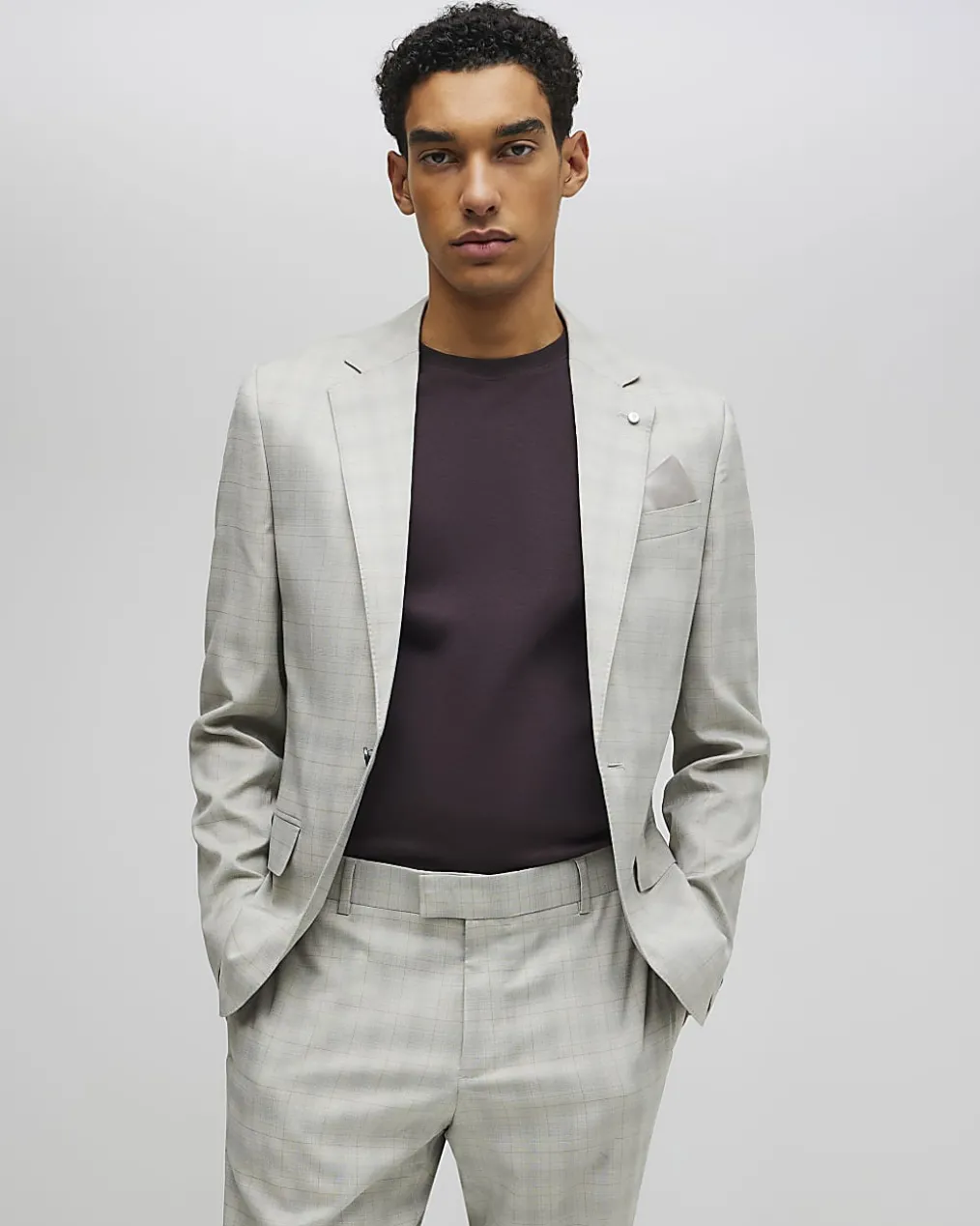 Beige Skinny Fit Stretch Check Suit Jacket