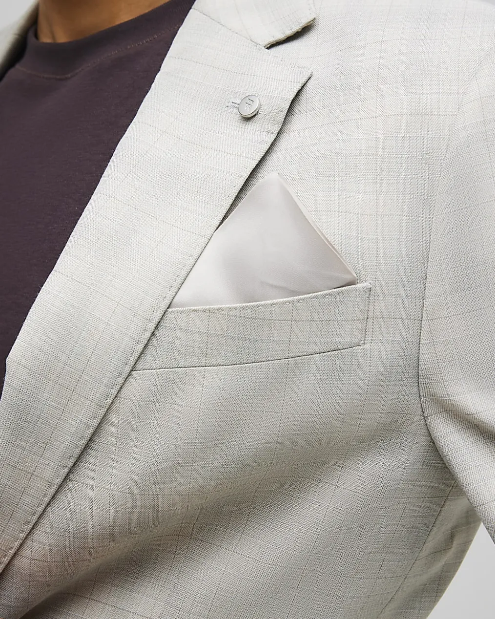 Beige Skinny Fit Stretch Check Suit Jacket