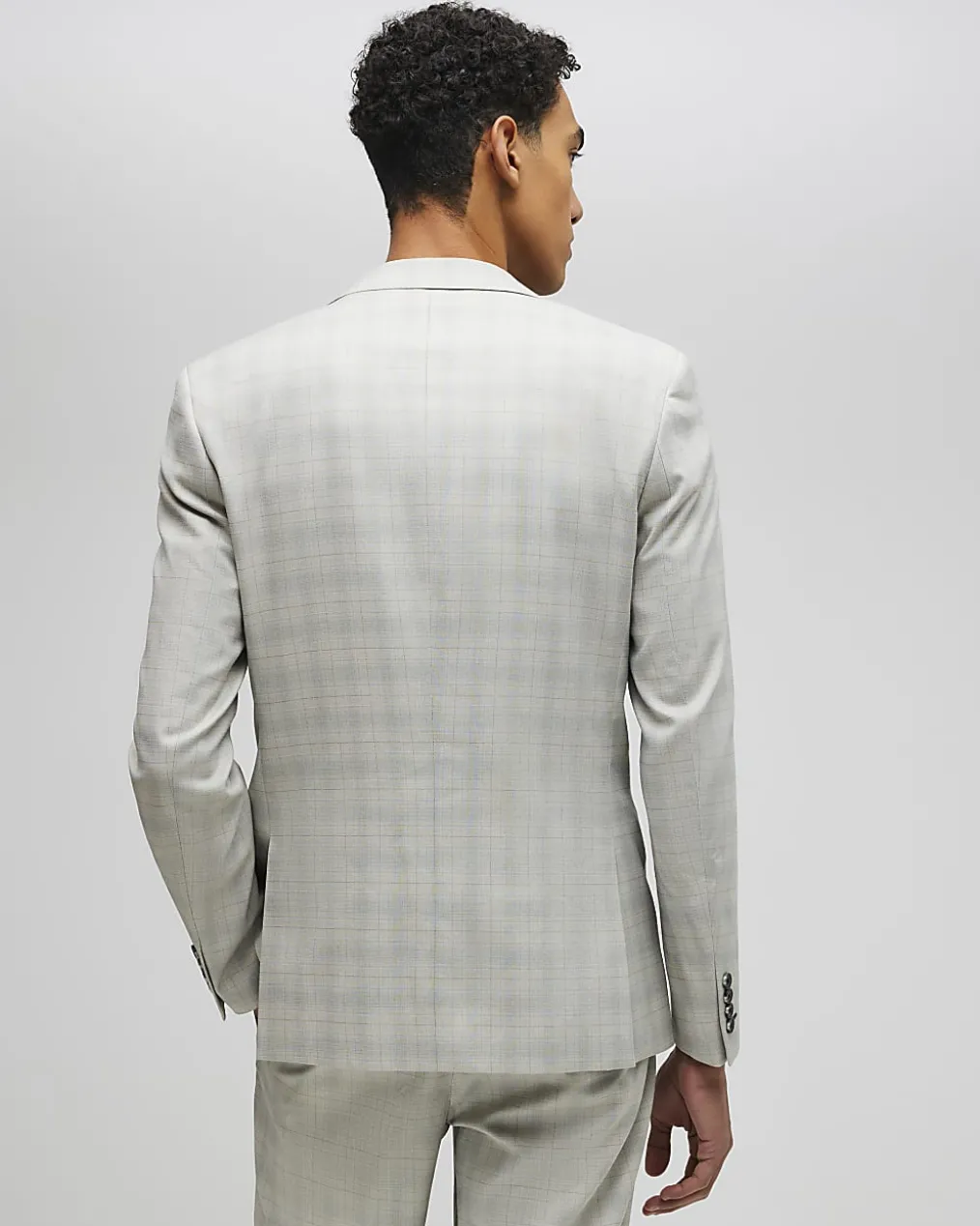 Beige Skinny Fit Stretch Check Suit Jacket