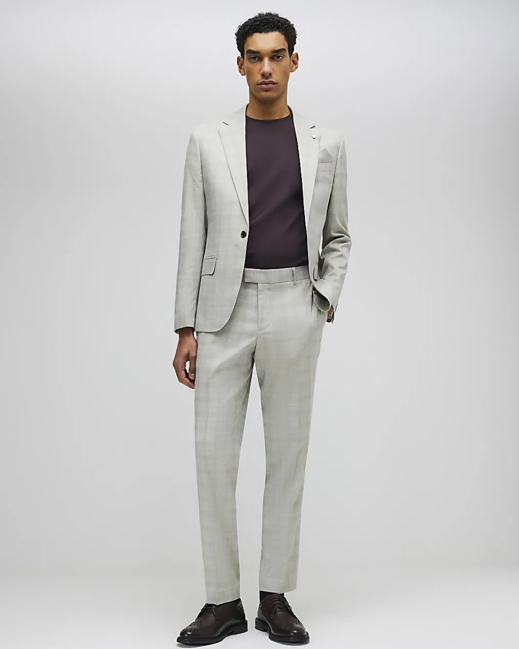 Beige Skinny Fit Stretch Check Suit Trousers